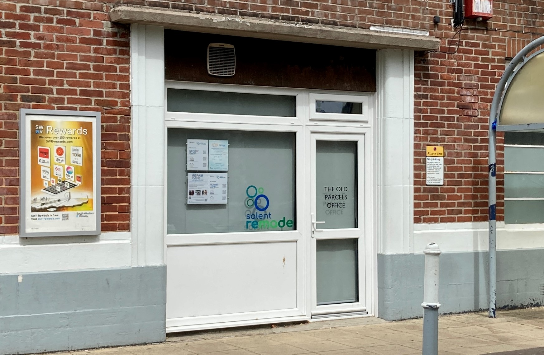 The Old Parcels Office at Havant station, with Solent Remade branding on the window